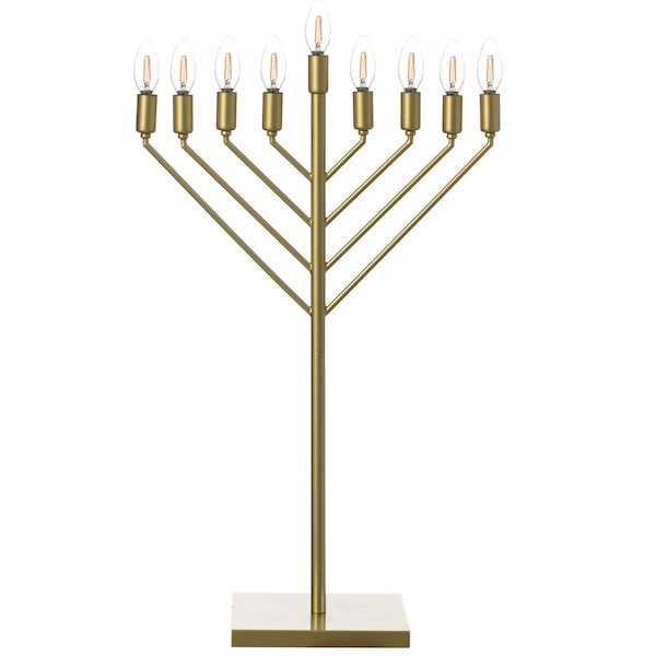 Vintiquewise Large Antique Gold Nine Branch Electric Chabad Style Hanukkah Menorah with Flame Shaped LED Bulbs QI004626 - main